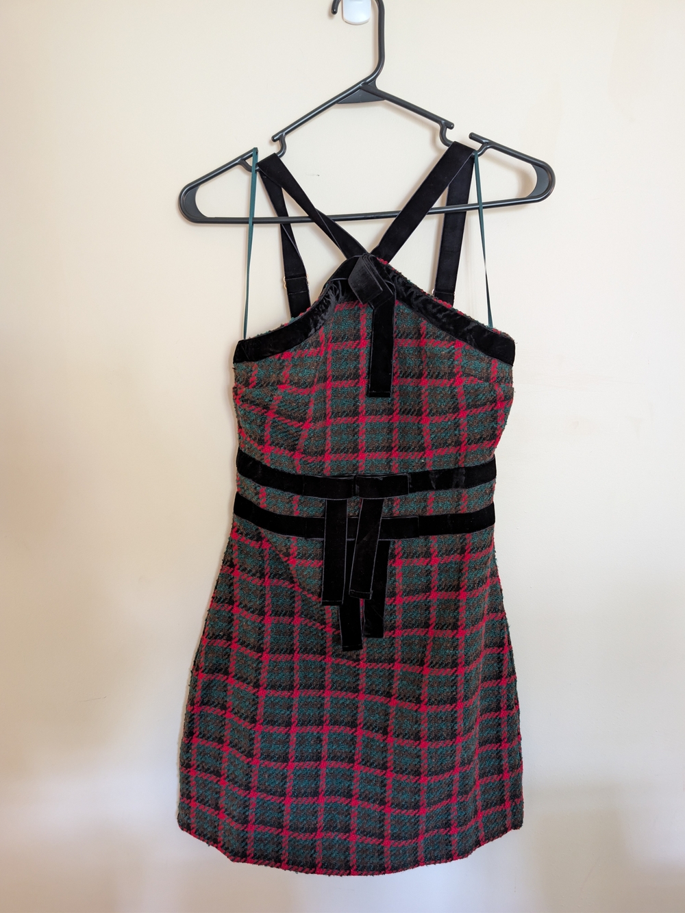Prosperina Gold Label Plaid Tweed Velvet Accent Mini Dress XS Dark Green Red